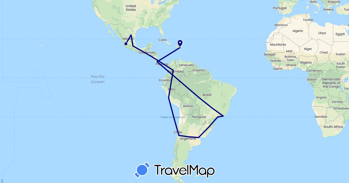 TravelMap itinerary: driving in Argentina, Brazil, Chile, Colombia, Costa Rica, Dominican Republic, Mexico, Peru (North America, South America)